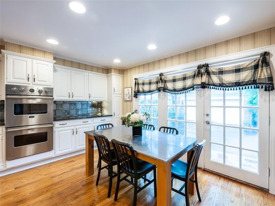 Dining room, Interior, Kitchen, Recessed Lighting, Stainless Steel Appliances, Wood Texture Flooring