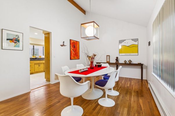 Dining room, Interior, Pendant Lights, Recessed Lighting, Wooden Beams, Wood Texture Flooring
