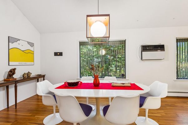 Dining room, Interior, Pendant Lights, Wood Texture Flooring