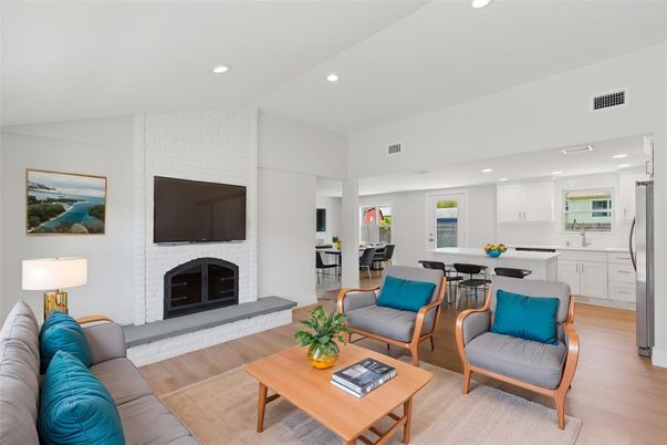 Dining room, Fireplace, Interior, Kitchen, Living room, Recessed Lighting, Wood Texture Flooring