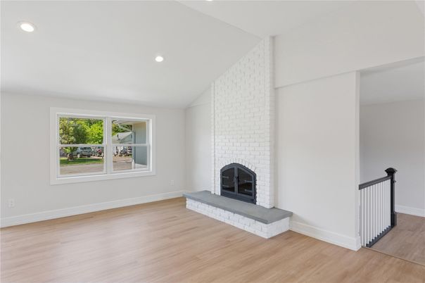 Empty room, Fireplace, Interior, Recessed Lighting, Wood Texture Flooring