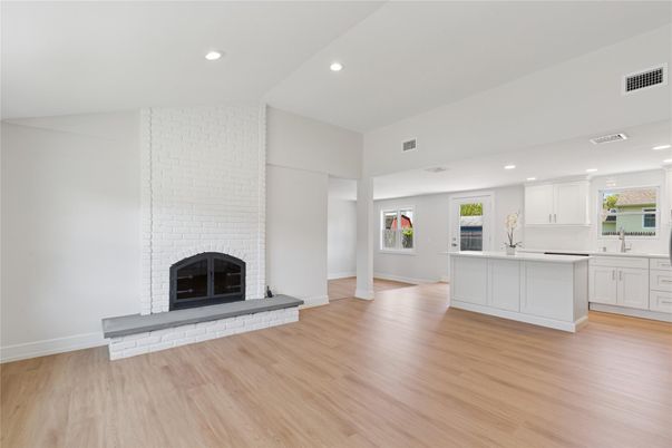 Fireplace, Interior, Kitchen, Recessed Lighting, Wood Texture Flooring