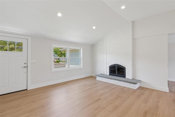 Empty room, Fireplace, Interior, Recessed Lighting, Wood Texture Flooring