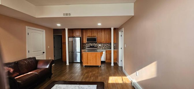 Interior, Kitchen, Recessed Lighting, Stainless Steel Appliances, Wood Texture Flooring