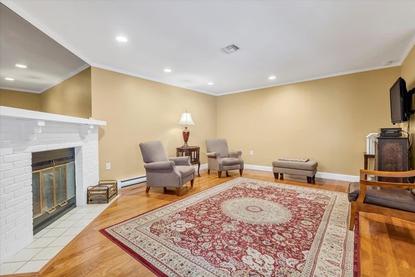 Fireplace, Interior, Recessed Lighting, Wood Texture Flooring