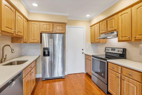 Interior, Kitchen, Recessed Lighting, Stainless Steel Appliances, Wood Texture Flooring