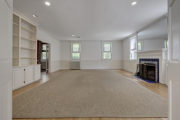 Empty room, Fireplace, Interior, Recessed Lighting, Wood Texture Flooring