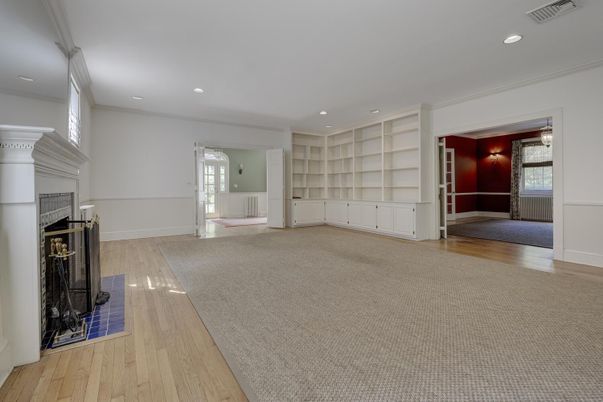 Empty room, Fireplace, Interior, Recessed Lighting, Wood Texture Flooring