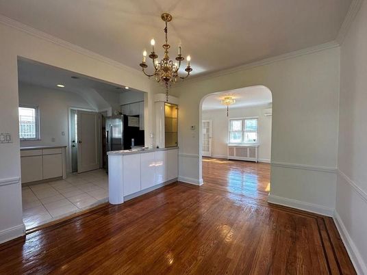 Chandelier, Empty room, Interior, Kitchen, Recessed Lighting, Wood Texture Flooring