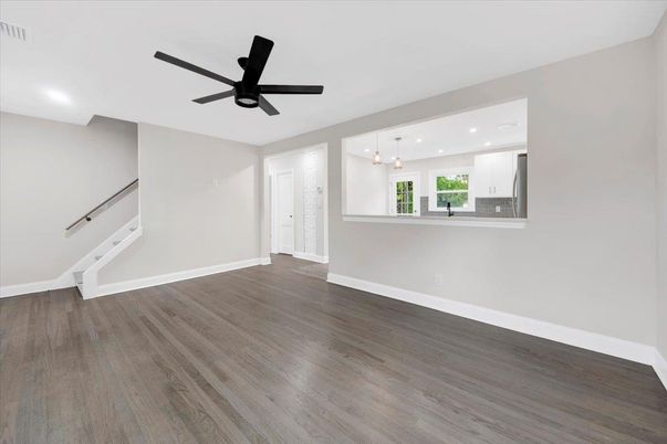 Empty room, Interior, Pendant Lights, Recessed Lighting, Wood Texture Flooring