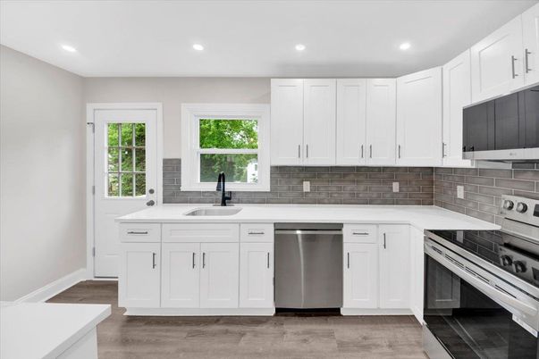 Interior, Kitchen, Recessed Lighting, Stainless Steel Appliances, Wood Texture Flooring