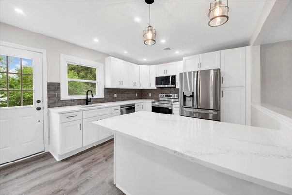 Interior, Kitchen, Pendant Lights, Recessed Lighting, Stainless Steel Appliances, Wood Texture Flooring