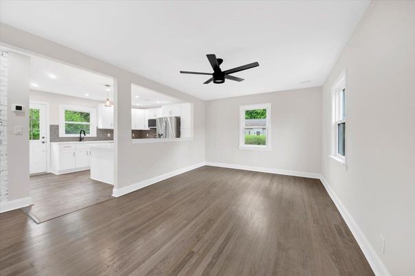 Empty room, Interior, Kitchen, Pendant Lights, Recessed Lighting, Wood Texture Flooring