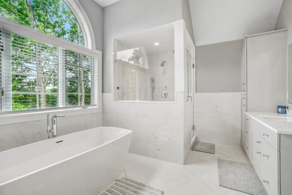 Bathroom, Free Standing Baths, Glass Shower, Interior, Marble, Recessed Lighting