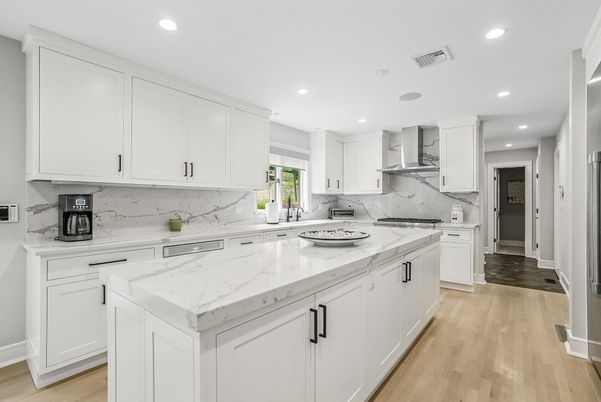 Interior, Kitchen, Marble Walls, Recessed Lighting, Wood Texture Flooring
