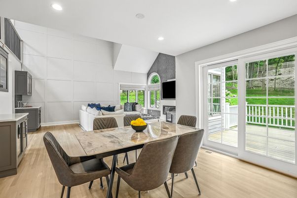 Dining room, Interior, Living room, Recessed Lighting, Wood Texture Flooring