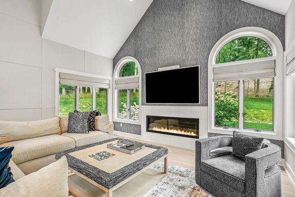 Fireplace, Interior, Living room, Recessed Lighting, Wood Texture Flooring