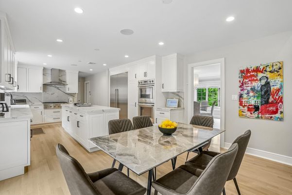 Dining room, Interior, Kitchen, Recessed Lighting, Stainless Steel Appliances, Wood Texture Flooring