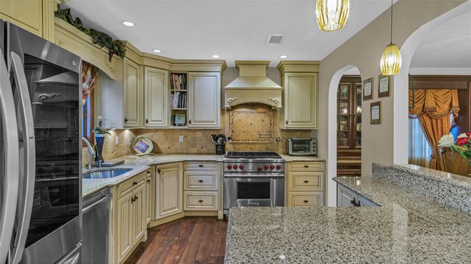 Interior, Kitchen, Pendant Lights, Recessed Lighting, Stainless Steel Appliances, Wood Texture Flooring