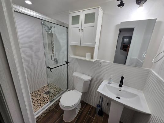 Bathroom, Glass Shower, Interior, Recessed Lighting, Wood Texture Flooring