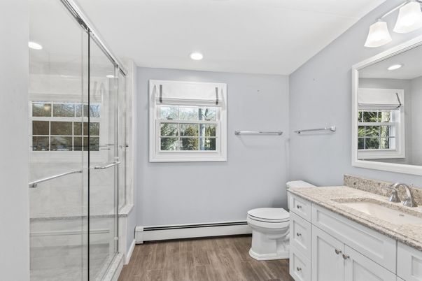 Bathroom, Glass Shower, Interior, Recessed Lighting, Wood Texture Flooring