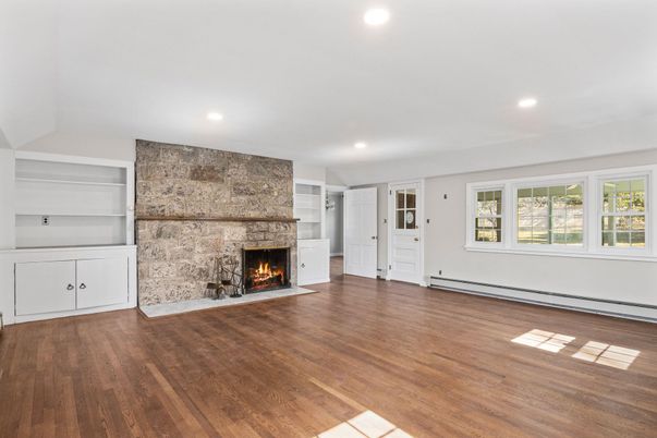 Empty room, Fireplace, Interior, Recessed Lighting, Wood Texture Flooring