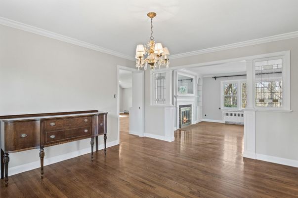 Chandelier, Empty room, Fireplace, Interior, Wood Texture Flooring