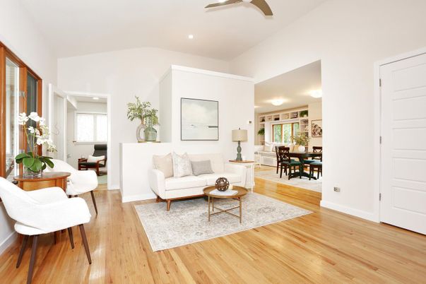 Dining room, Interior, Living room, Recessed Lighting, Wood Texture Flooring