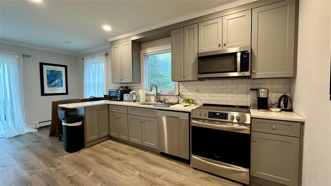Interior, Kitchen, Recessed Lighting, Stainless Steel Appliances, Wood Texture Flooring