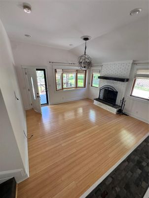 Empty room, Fireplace, Interior, Pendant Lights, Wood Texture Flooring