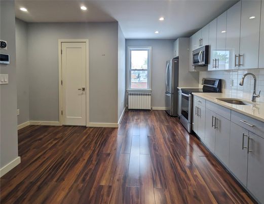 Interior, Kitchen, Recessed Lighting, Stainless Steel Appliances, Wood Texture Flooring