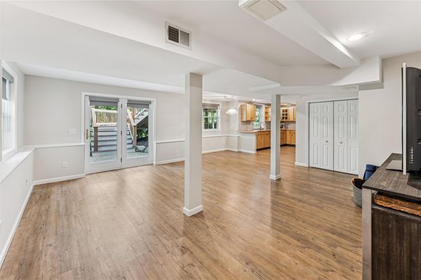 Empty room, Interior, Kitchen, Pendant Lights, Wood Texture Flooring