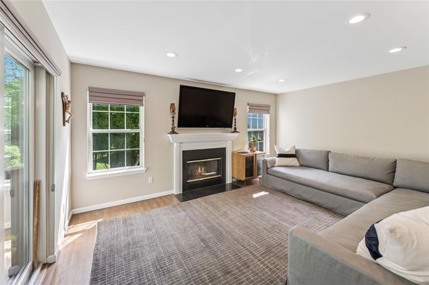 Fireplace, Interior, Living room, Recessed Lighting, Wood Texture Flooring