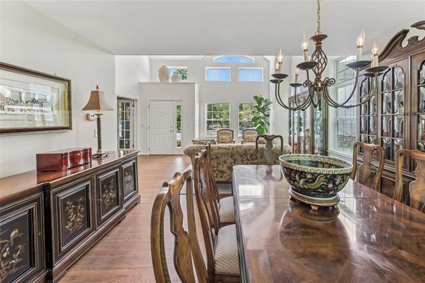 Chandelier, Dining room, Interior, Wood Texture Flooring