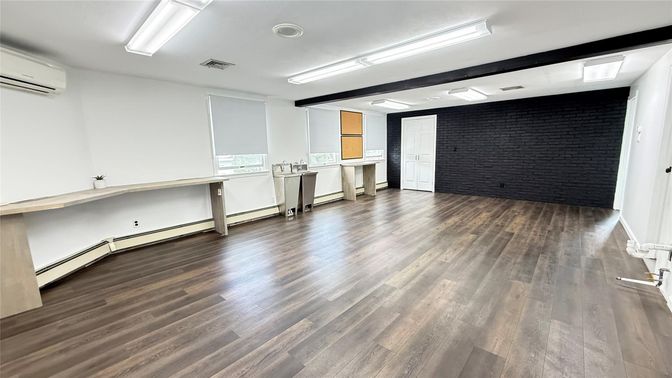 Empty room, Interior, Recessed Lighting, Stone Walls, Wood Texture Flooring