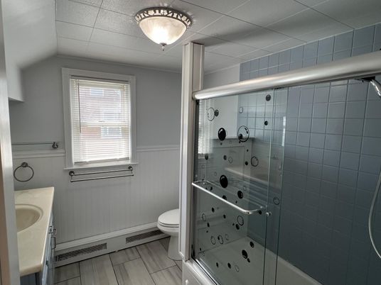 Bathroom, Glass Shower, Interior, Wood Texture Flooring