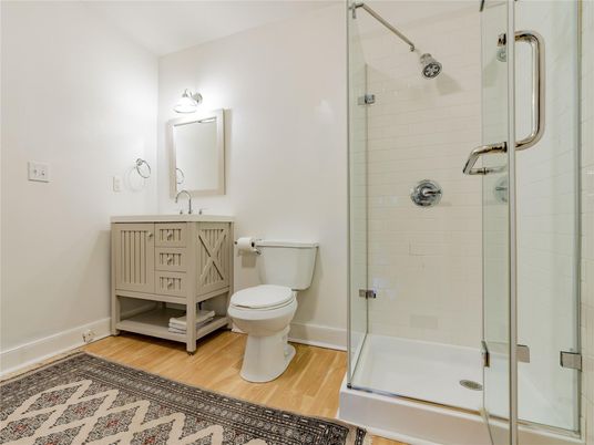 Bathroom, Glass Shower, Interior, Wood Texture Flooring