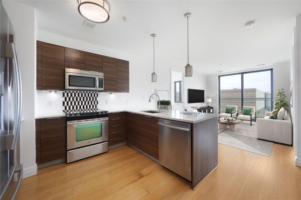 Interior, Kitchen, Living room, Pendant Lights, Stainless Steel Appliances, Wood Texture Flooring