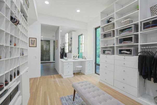 Bathroom, Interior, Recessed Lighting, Walk-in Closets, Wood Texture Flooring