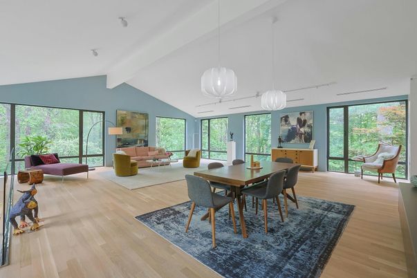 Dining room, Interior, Living room, Pendant Lights, Wood Texture Flooring