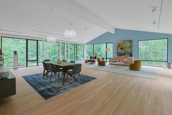 Dining room, Interior, Living room, Pendant Lights, Wood Texture Flooring
