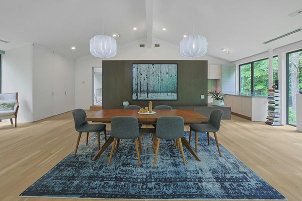 Dining room, Interior, Pendant Lights, Recessed Lighting, Wood Texture Flooring
