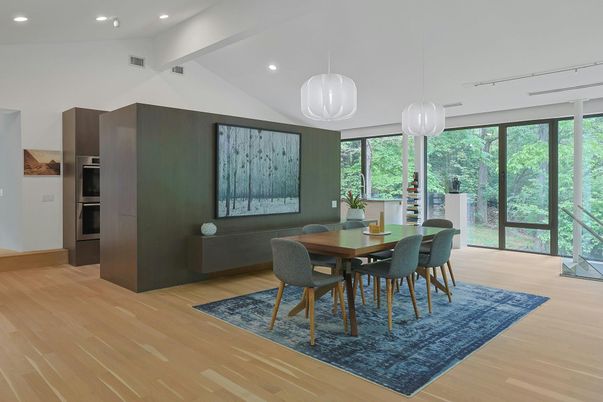 Dining room, Interior, Pendant Lights, Recessed Lighting, Wood Texture Flooring