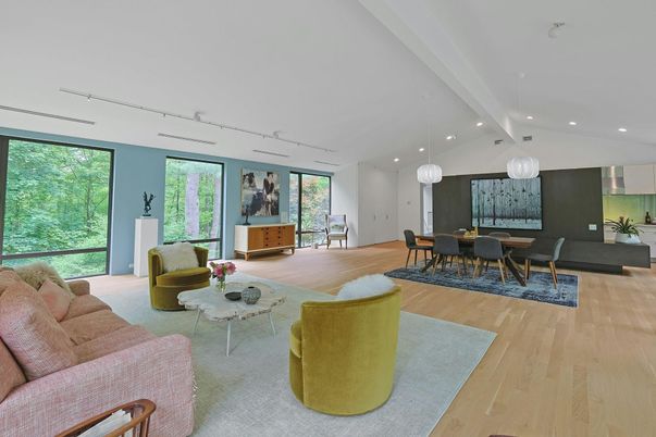 Dining room, Interior, Living room, Pendant Lights, Recessed Lighting, Wood Texture Flooring