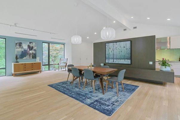 Dining room, Interior, Pendant Lights, Recessed Lighting, Wood Texture Flooring