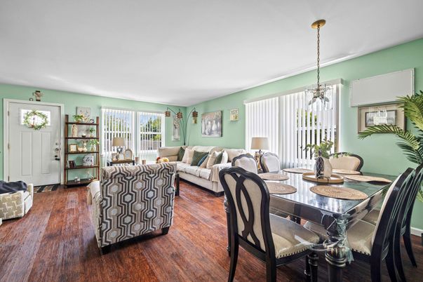Dining room, Interior, Living room, Pendant Lights, Wood Texture Flooring