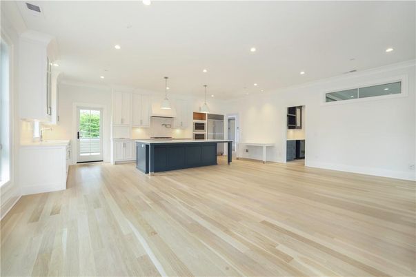 Empty room, Interior, Kitchen, Pendant Lights, Recessed Lighting, Wood Texture Flooring