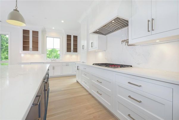 Interior, Kitchen, Marble Walls, Pendant Lights, Recessed Lighting, Wood Texture Flooring
