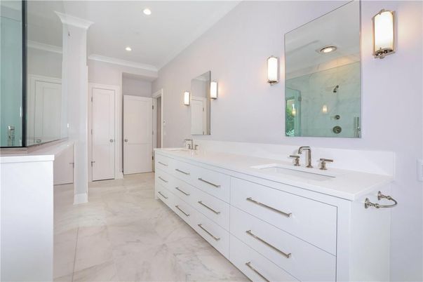 Bathroom, Dual Sink Vanities, Interior, Marble, Recessed Lighting