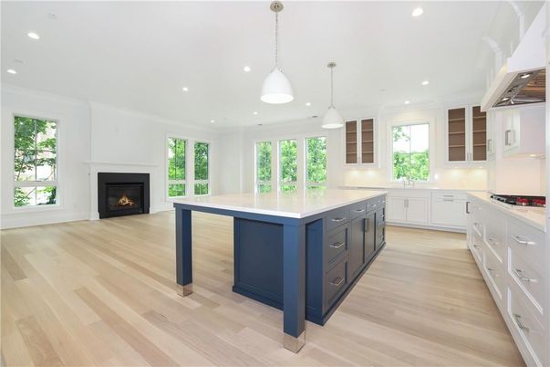 Fireplace, Interior, Kitchen, Pendant Lights, Recessed Lighting, Wood Texture Flooring